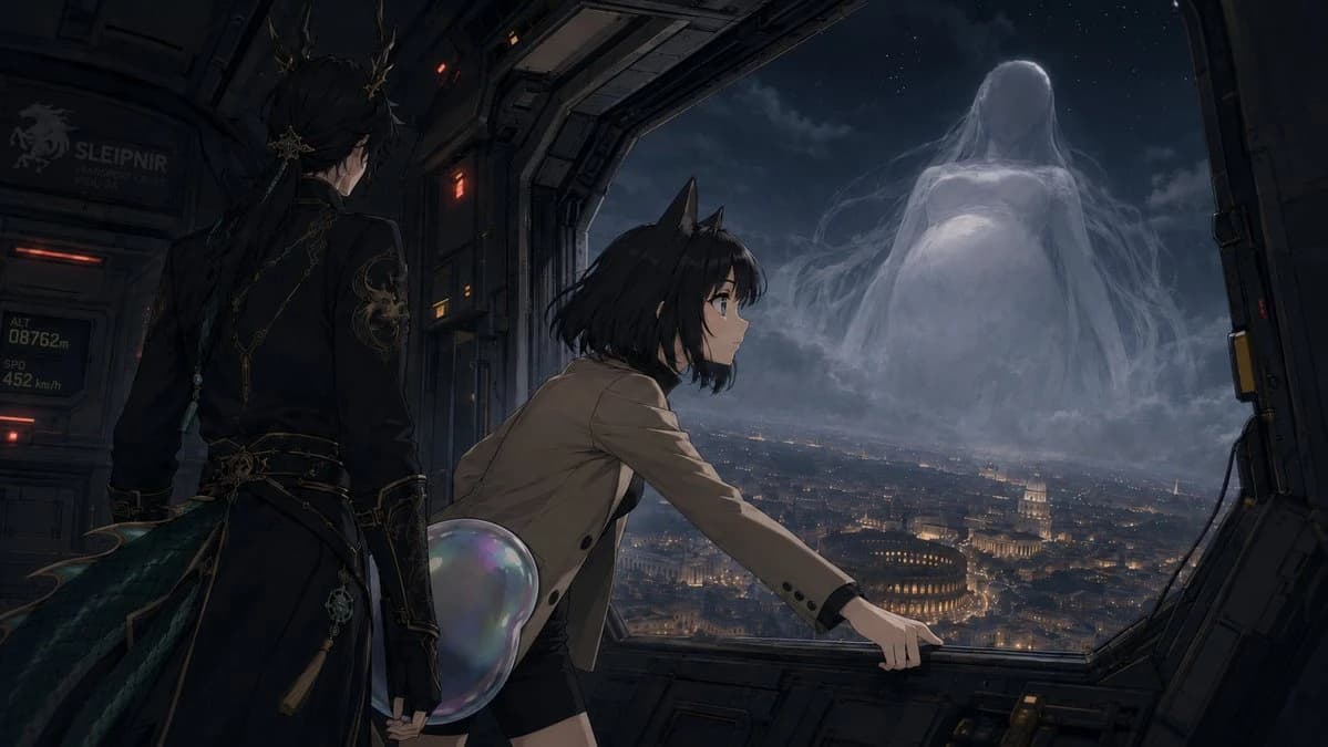 Dark anime scene of a figure on an airship deck facing a ghostly holy mother apparition in the sky
