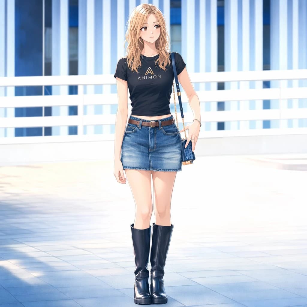 Full-body anime blonde fashion portrait in a bright modern walkway, with polished outfit details and clean illustration style.