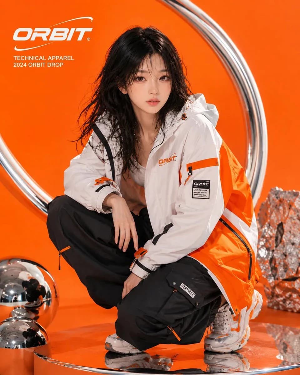 A young woman in a semi-realistic anime style wears an oversized orange and white jacket with black pants, set against a vivid orange backdrop and chrome props