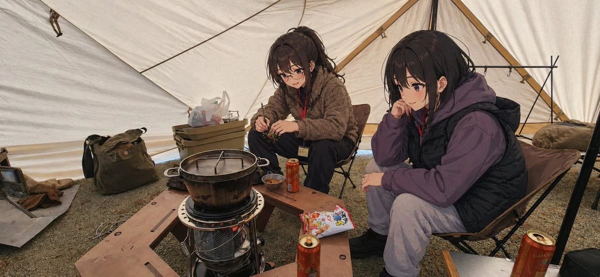 Two young women sit inside a cozy beige tent around a kerosene heater, enjoying a meal with natural lighting illuminating the scene