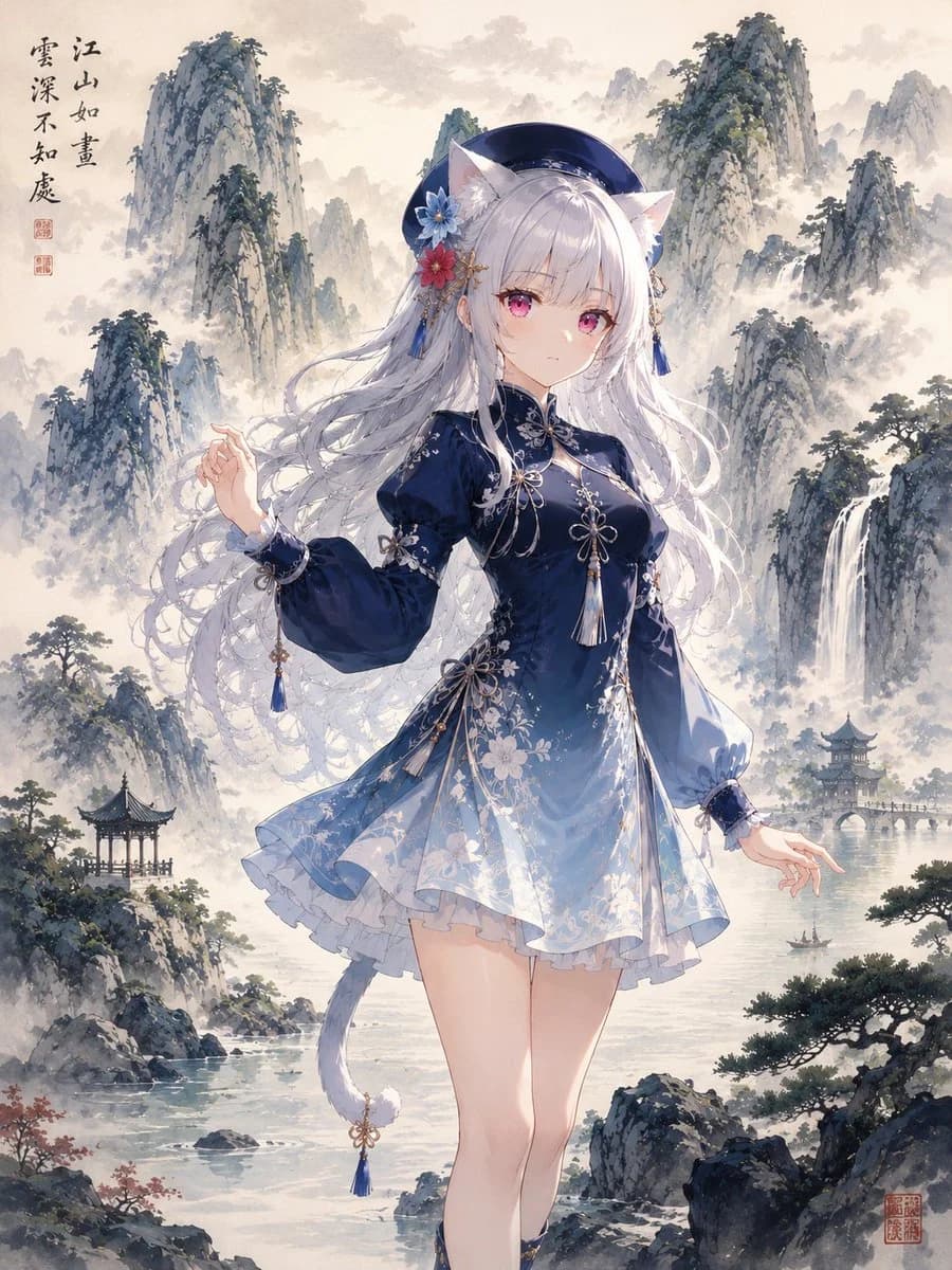 Anime catgirl in a misty Chinese ink-wash mountain landscape