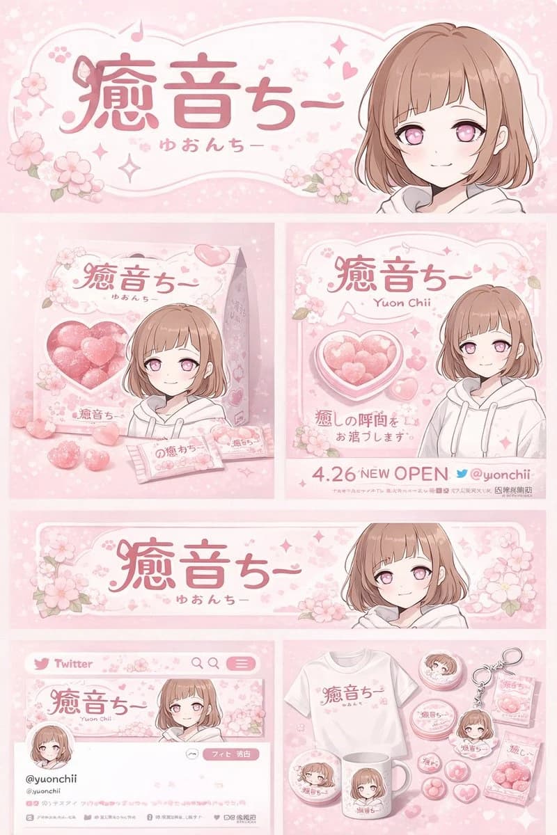 Anime girl with short brown bob hair and pink eyes features prominently in a pastel pink brand identity and merchandise design board, adorned with cherry blossoms and heart motifs