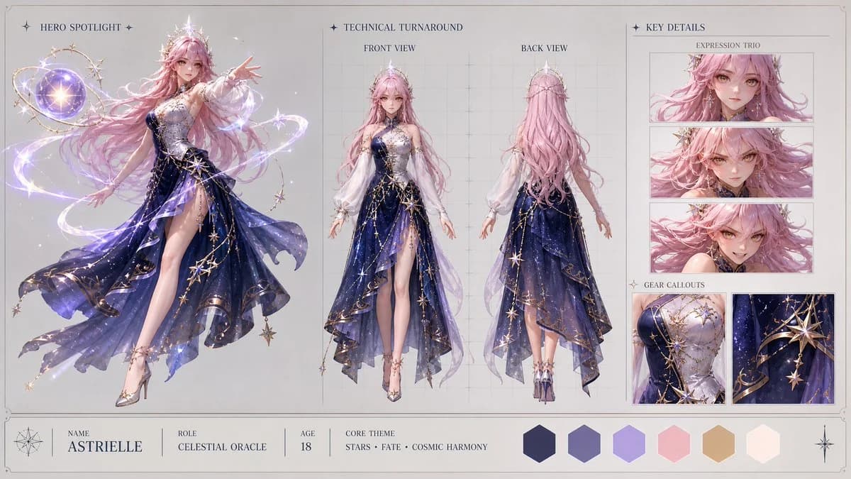 Anime character concept showcase with multiple poses, expression details and polished production sheet layout