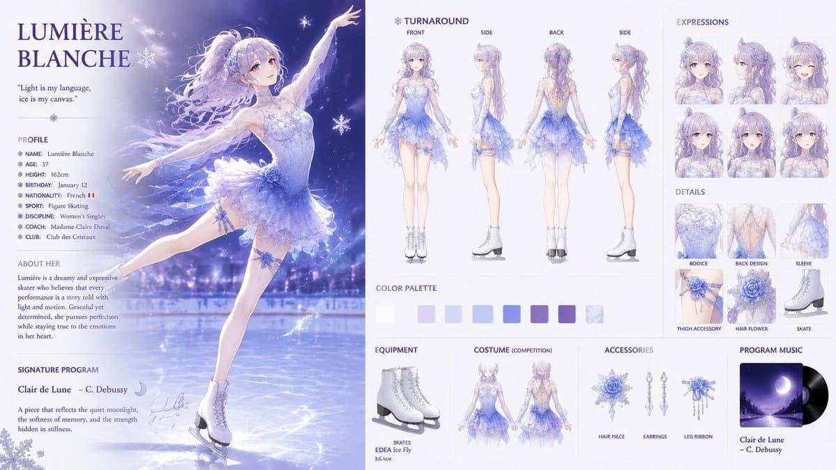 Anime character design sheet with fantasy-realism rendering, clean UI layout, and professional character-bible structure.