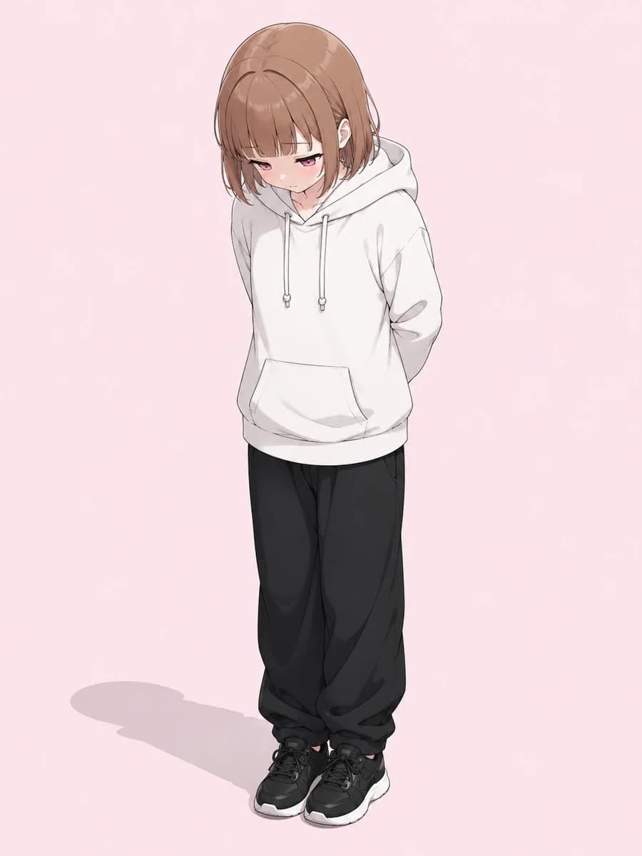 A rough 3D pose reference into a clean full-body anime character illustration while preserving the pose and simple outfit