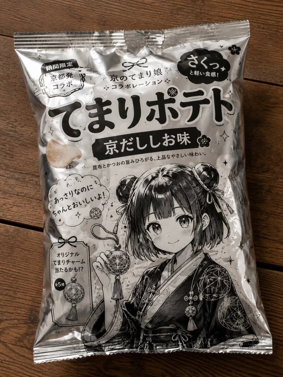 Anime character potato chip packaging with colorful snack bag design, mascot illustration, and e-commerce layout