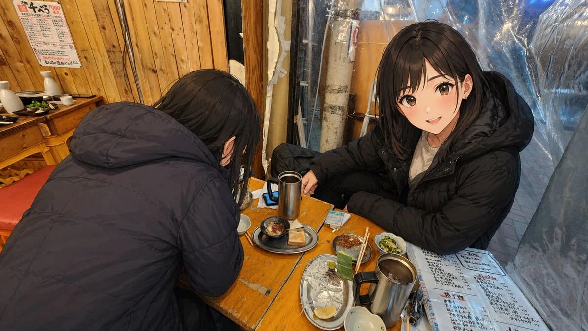 Two anime characters sit at a small wooden table in a cozy izakaya, surrounded by plates of food and a warm, inviting atmosphere