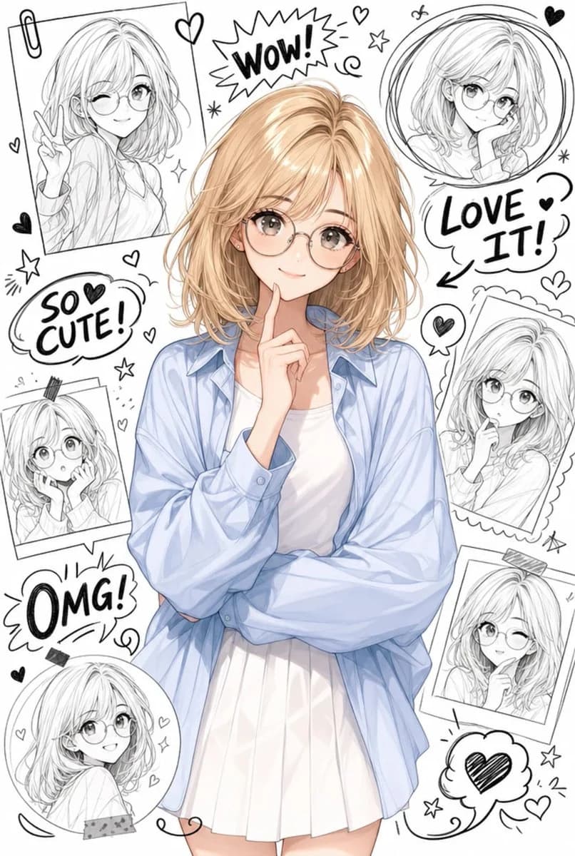 Anime-style character collage with doodle stickers, expressive portrait details, and playful scrapbook graphics