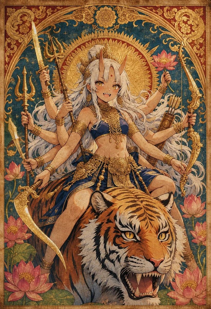 Anime goddess with many arms seated on a tiger inside an ornate golden mythological poster