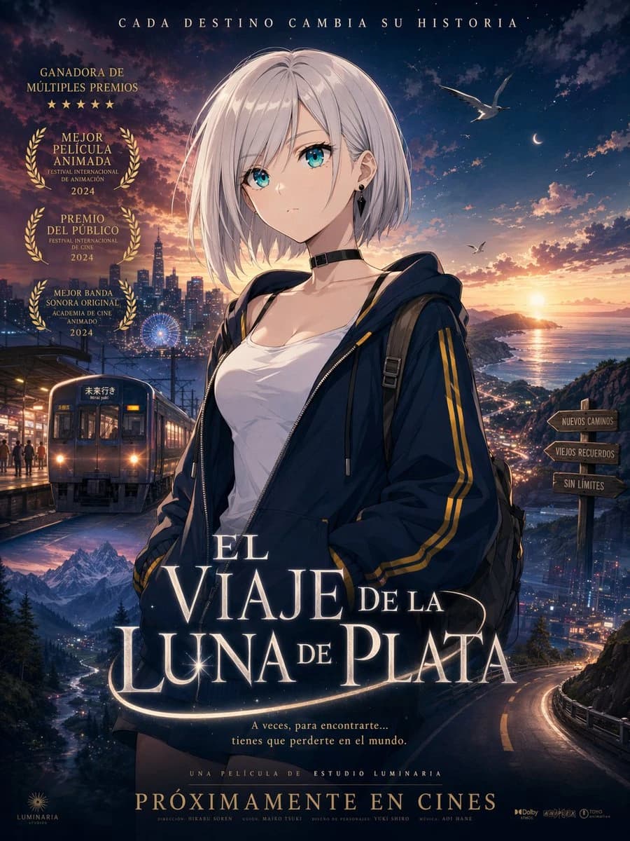 A teenage anime girl with a silver bob and oversized hoodie stands in a twilight coastal city, facing a glowing skyline and approaching train