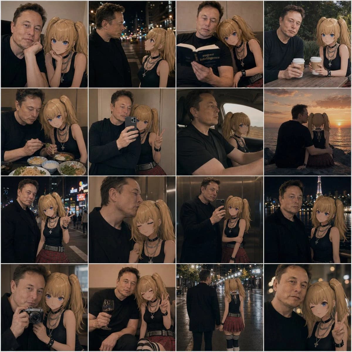 A 4x4 collage features a man and an anime girl in various warm, intimate date settings.