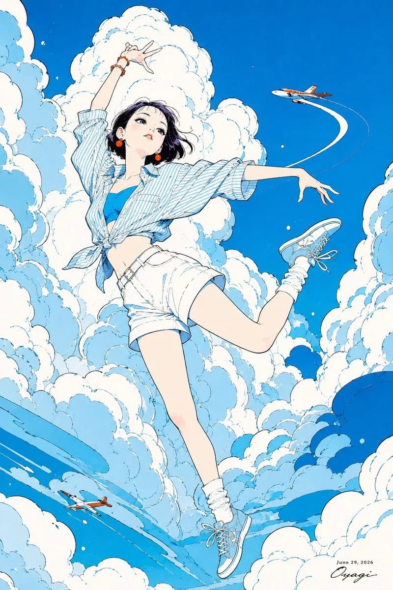 A fashionable young woman with short black hair dances among fluffy clouds in a cobalt-blue sky, wearing a light blue outfit and orange-red earrings.
