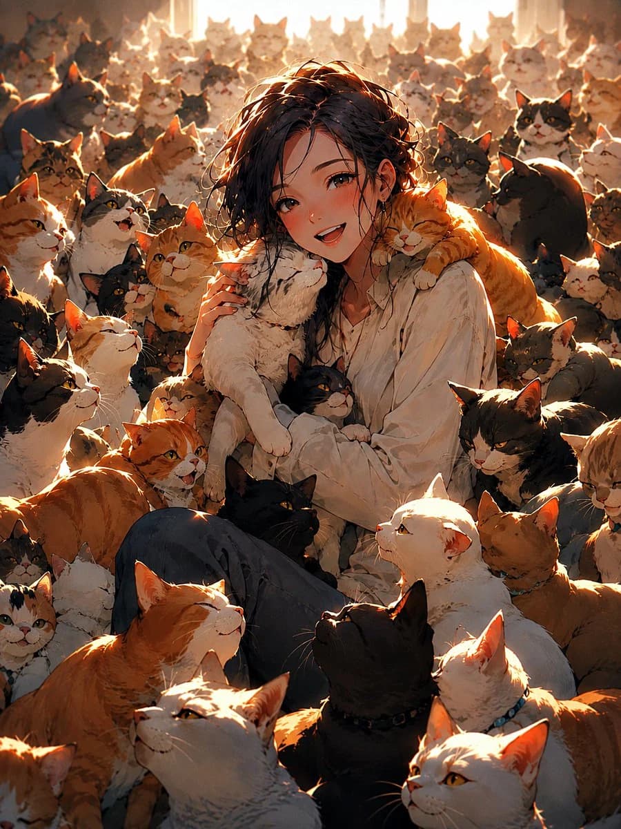 Anime Girl Surrounded by Cats storyboard visual