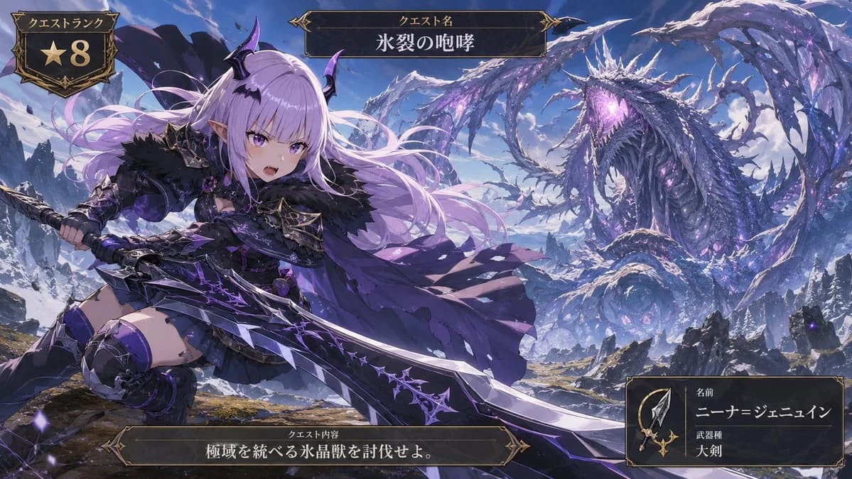 Anime Ice Dragon Hunt Quest Screen with game-ready character styling, dynamic scene detail and polished concept art presentation