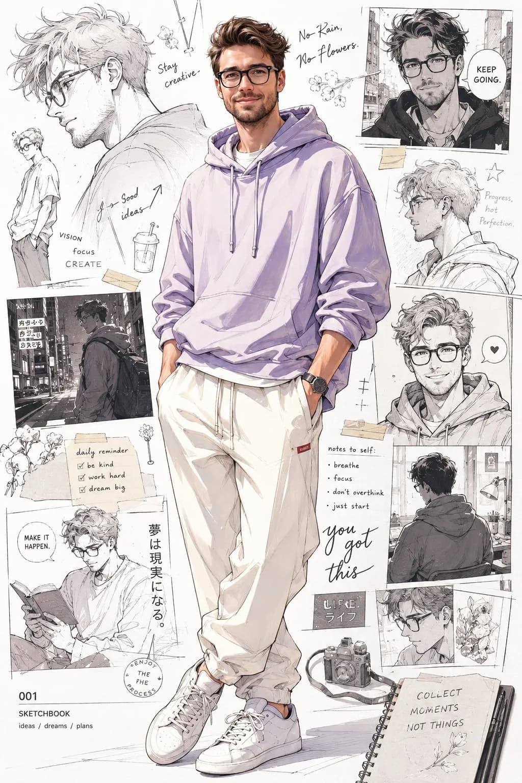 Anime-Inspired Pastel Hoodie Portrait with sequential panels, cinematic shot planning and a polished storyboard layout