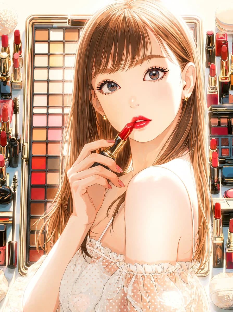 Anime beauty portrait of a woman applying lipstick in front of a warm cosmetic display