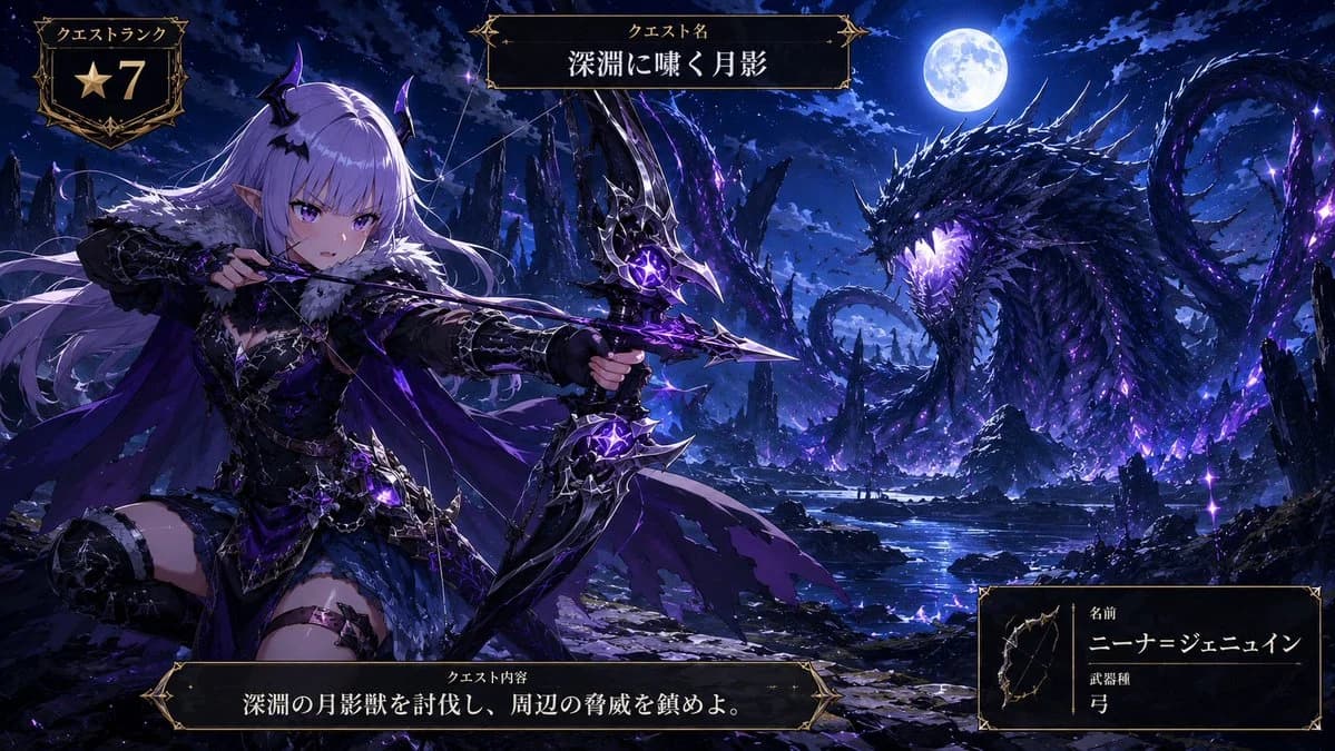 Anime Monster Hunter Quest Card with game-ready character styling, dynamic scene detail and polished concept art presentation