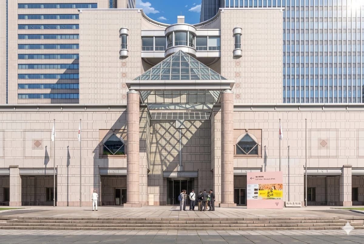 The museum facade features a modern design with glass elements and a group of people in front.