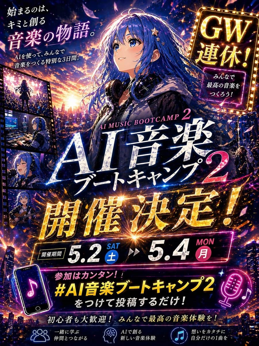 A vibrant anime girl with deep blue hair and headphones stands against a glowing city skyline, promoting AI Music Bootcamp 2.