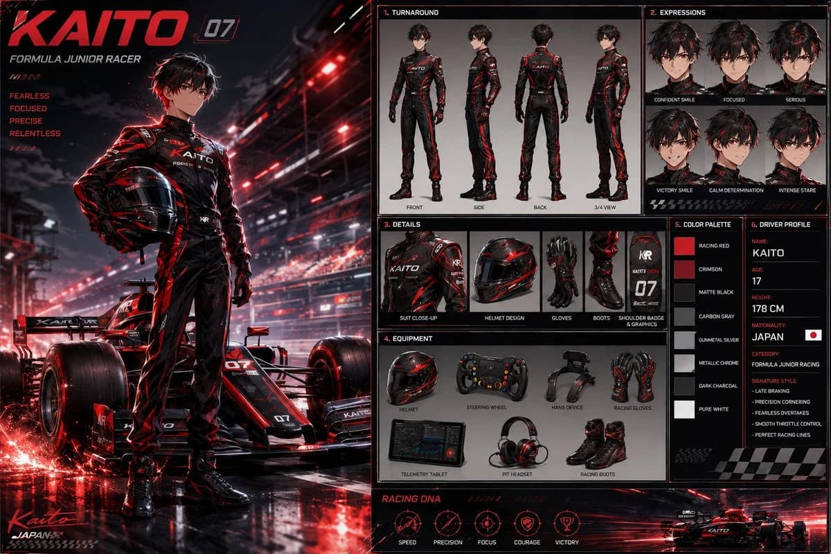 Anime racing driver character design sheet with full-body views, headshots, gear details and red accents