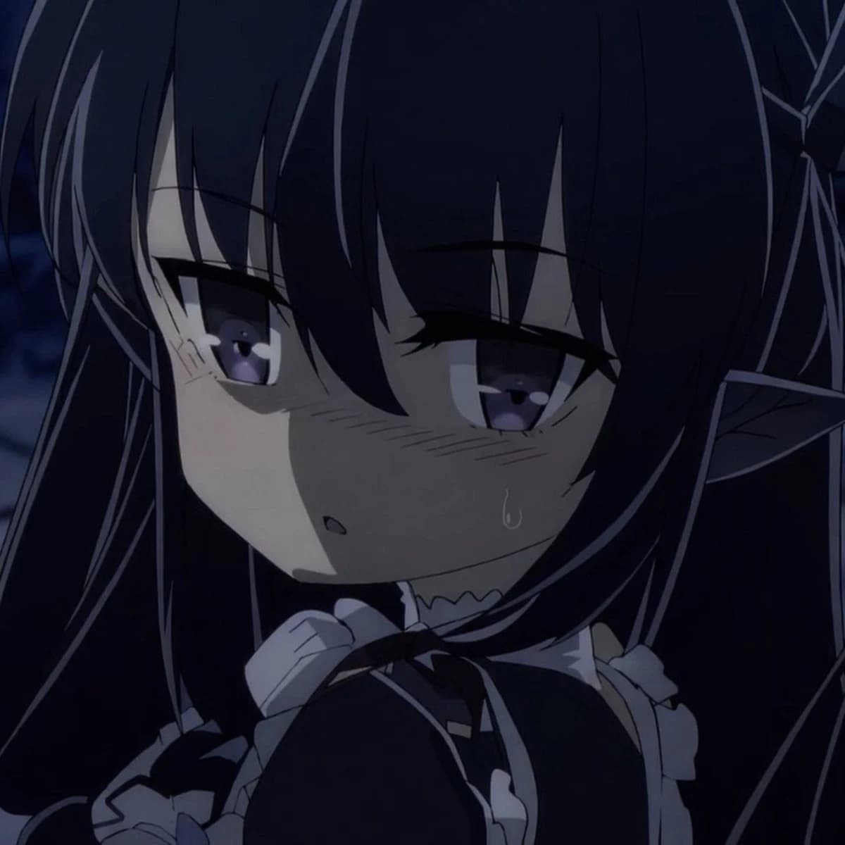 A close-up of a character with long dark hair and purple eyes, displaying a subtle expression in a dimly lit setting