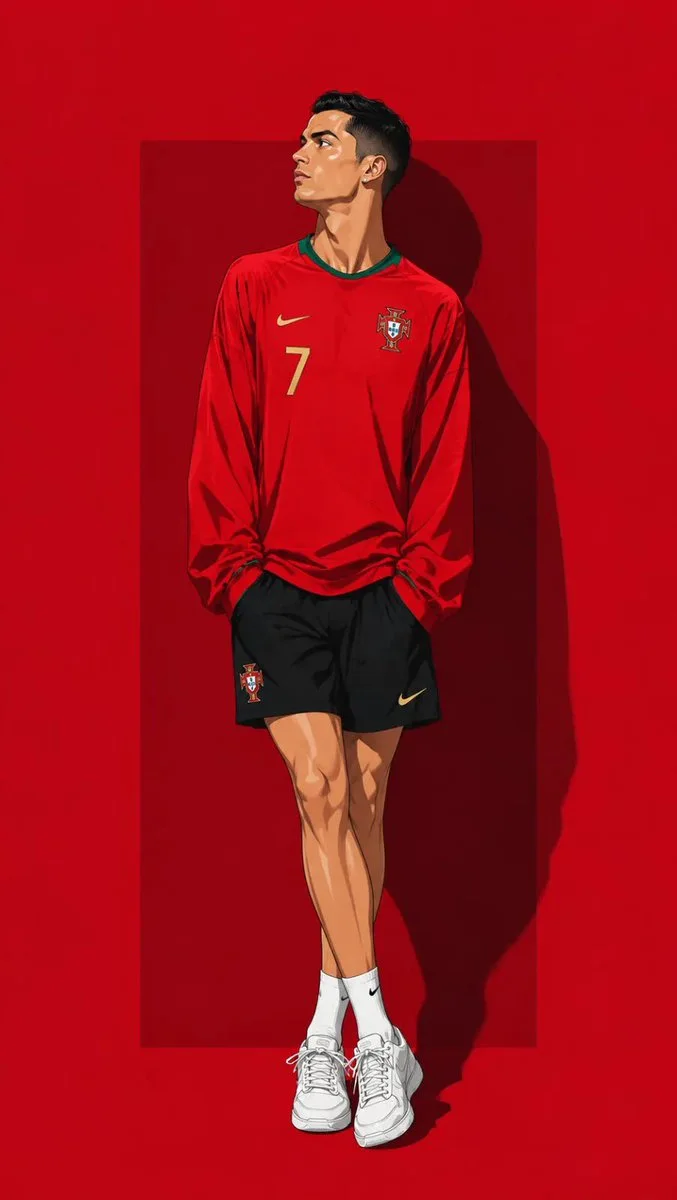A clean contemporary anime illustration of soccer players in a relaxed fashion pose against a bold crimson background