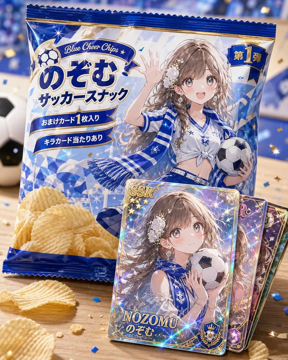 A glossy blue-and-white potato chip bag featuring a cheerful anime girl with long light-brown hair and a soccer ball, set against a blurred stadium background.