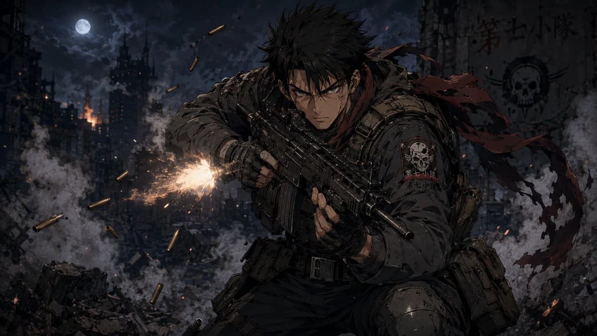 Anime Soldier in Moonlit Urban Warzone with detailed character design, storyboard structure and dramatic illustration depth