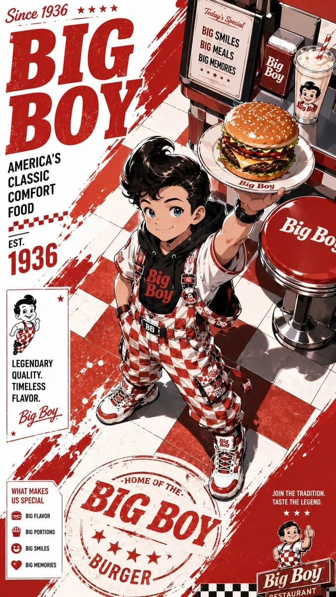 A cartoon character in checkered outfit holds a burger in a diner setting with branding elements.