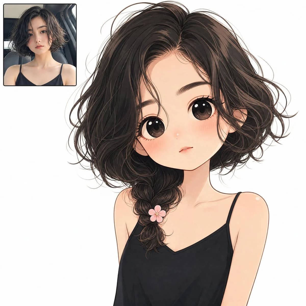 Cute anime twin chibi avatar layout with a realistic source-photo inset on a clean white background