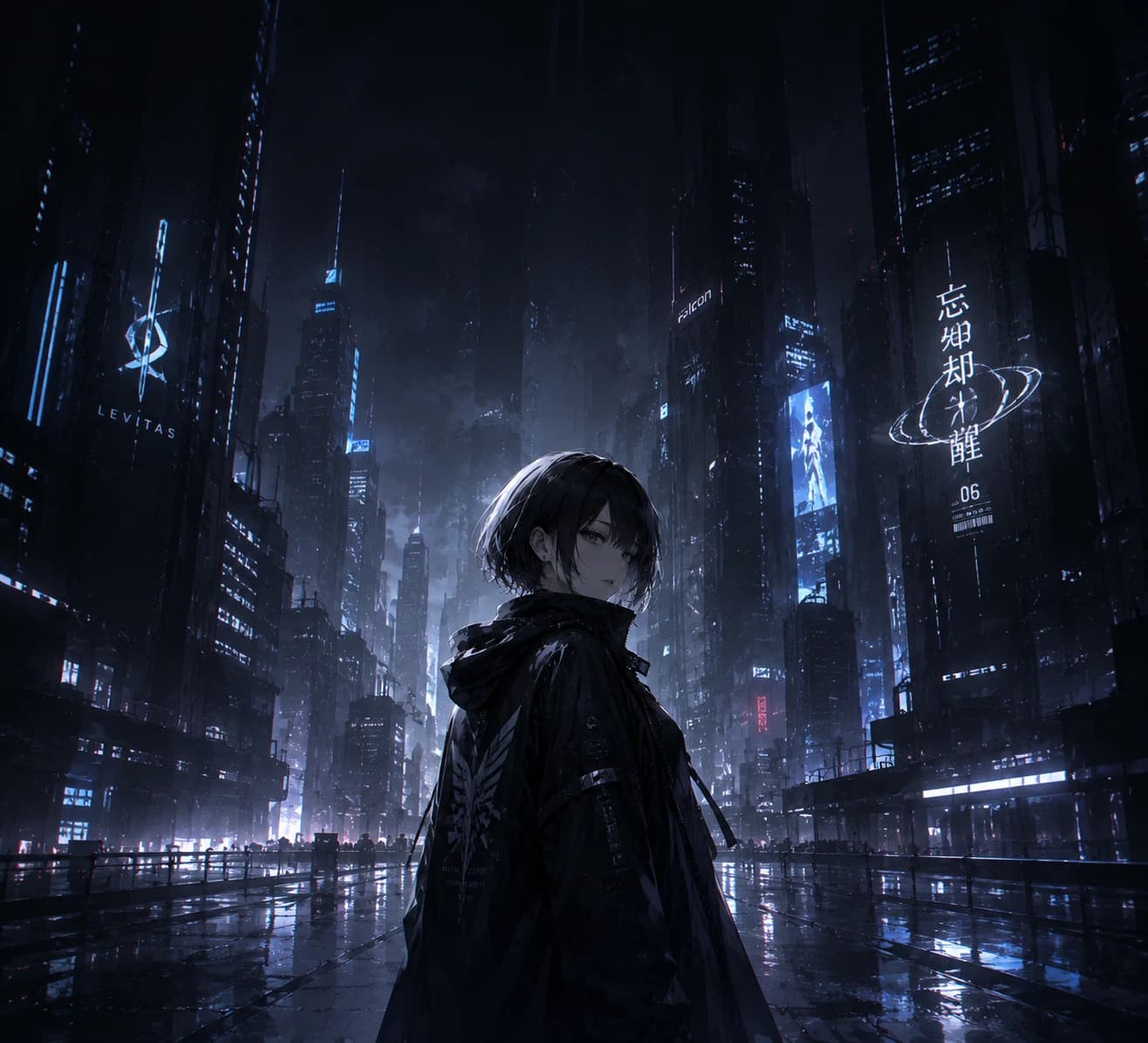 A female anime character with short hair stands in a futuristic, dark cityscape, illuminated by neon lights and digital displays