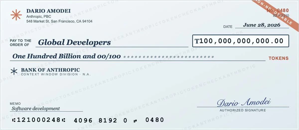 A realistic wide bank-check graphic for an AI token grant or tech announcement visual