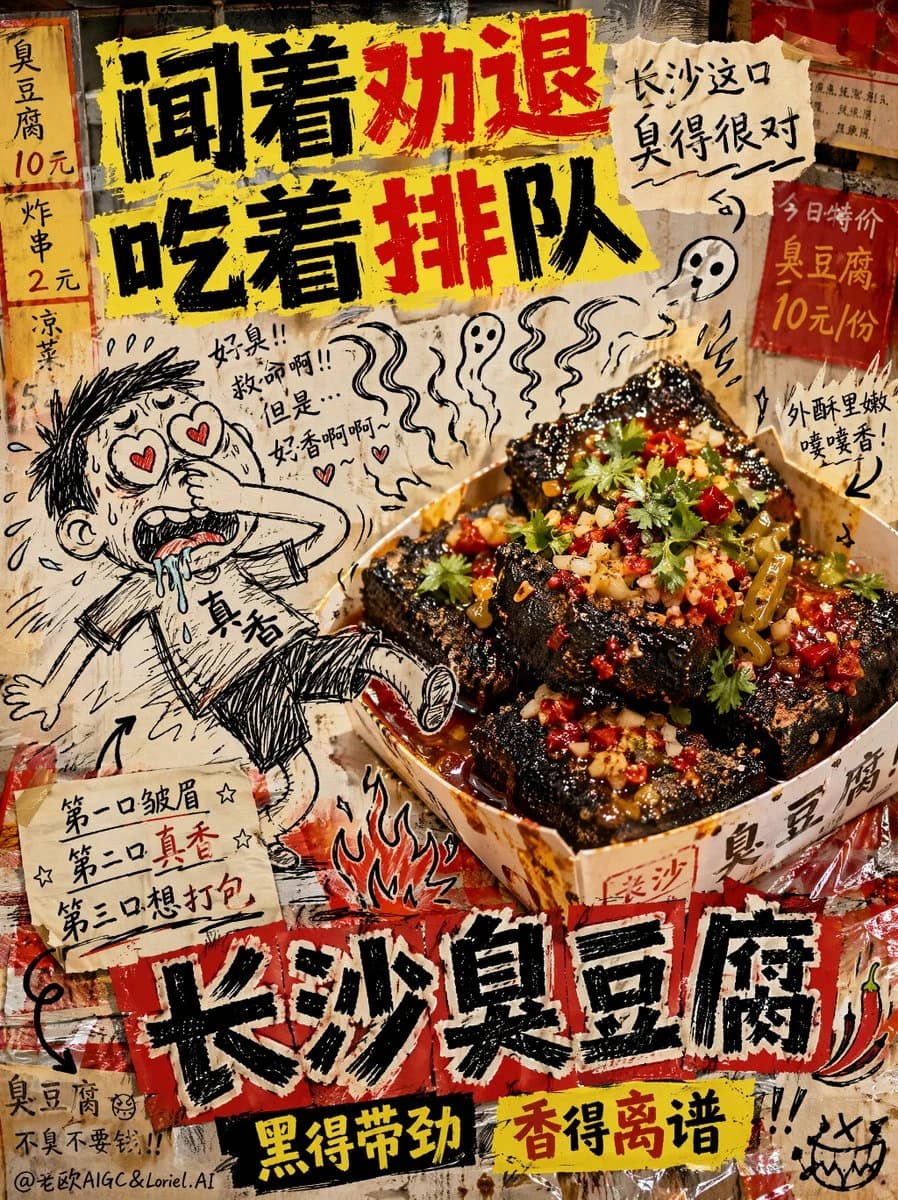 Chaotic anti-design poster for Changsha stinky tofu with doodles, bold Chinese text and a food photo