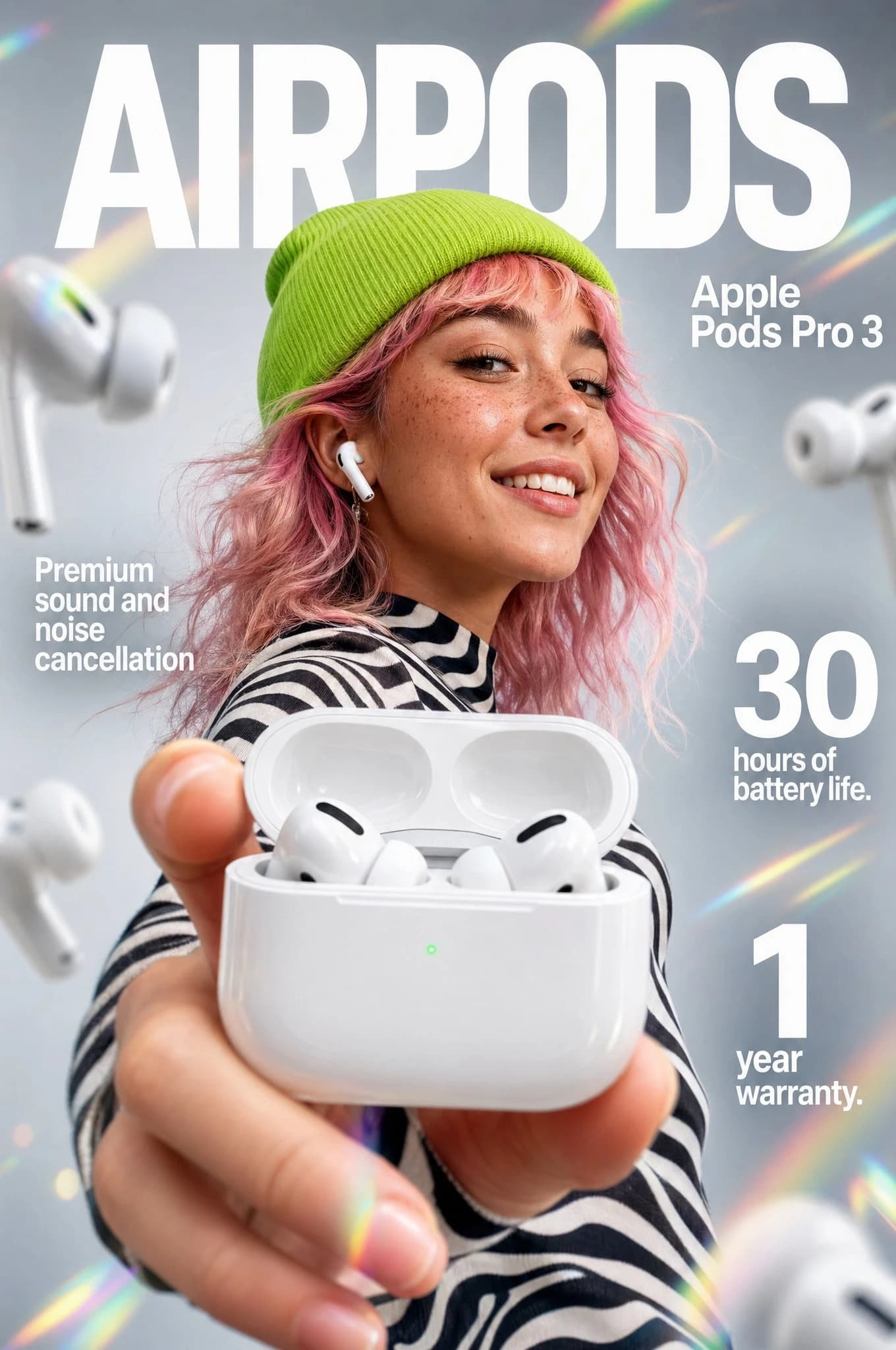 A young woman with pink hair and a green beanie holds an AirPods Pro 3 charging case in an e-commerce infographic.