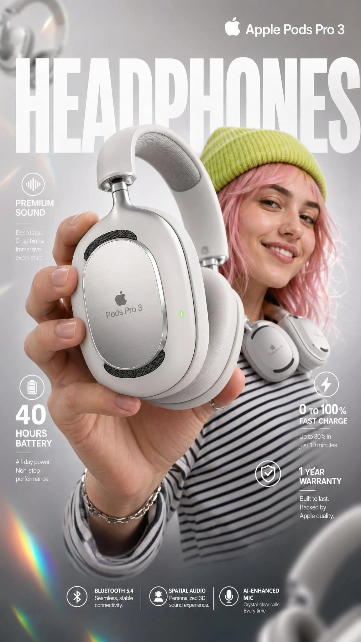 A young woman with pastel-pink hair holds AirPods Pro 3 headphones, showcasing their design against a blurred background.