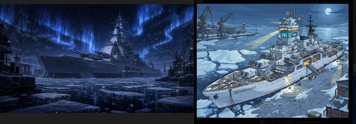Arctic Warship Style Comparison with side-by-side visual comparison, clear panel structure and readable style contrast