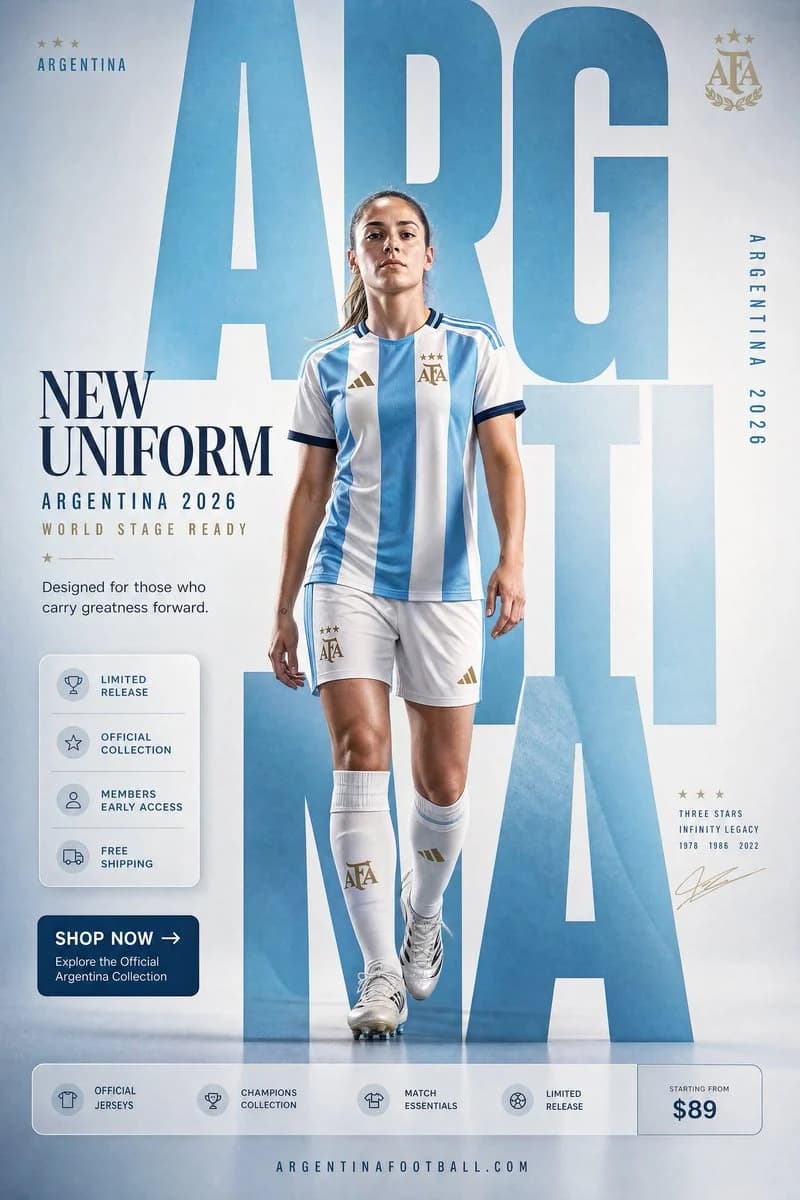 Argentina football uniform promotional visual with national team colors, kit details and energetic sports campaign styling