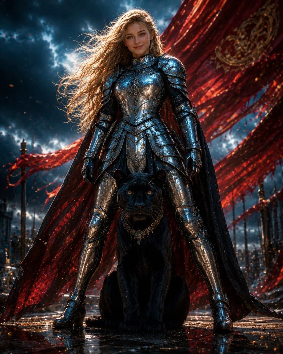 A cinematic fantasy poster prompt featuring a silver-armored heroine standing with a black panther beneath sweeping crimson banners