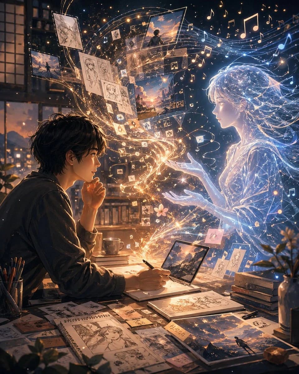A young male artist sketches at a cluttered desk while a luminous, ethereal anime girl made of light extends her hands toward him