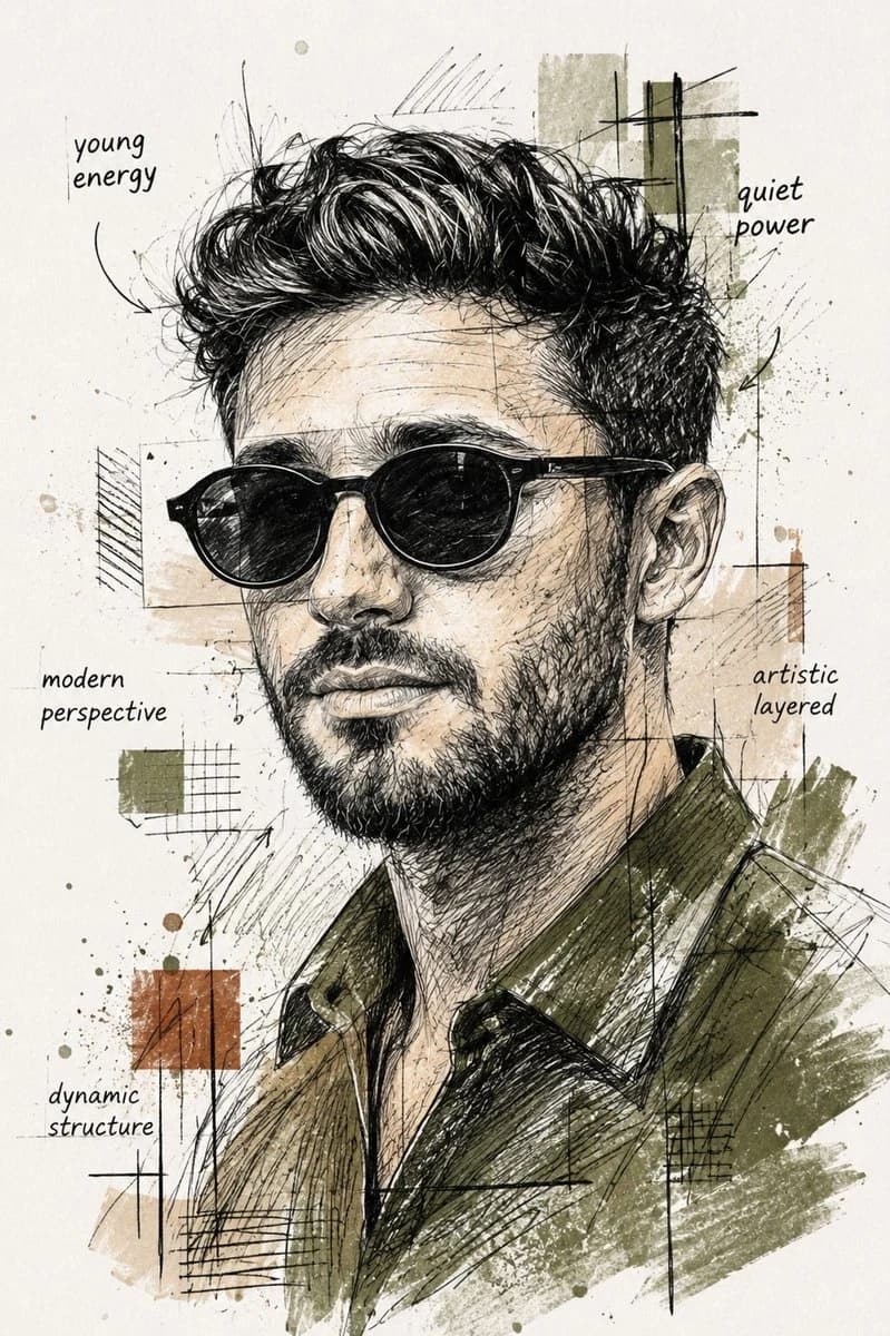 A modern young man in black sunglasses is portrayed with textured pencil and ink effects, surrounded by geometric frames and abstract collage elements