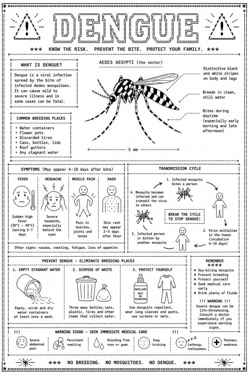 An ASCII infographic detailing dengue fever, featuring illustrations of the Aedes aegypti mosquito, symptoms, transmission cycle, and prevention tips