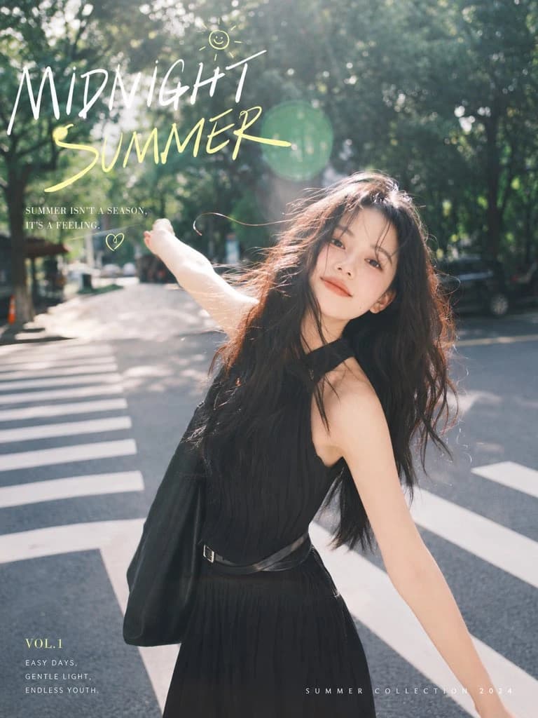 Summer city portrait of an Asian woman in black posing on a sunny crosswalk with handwritten text overlay