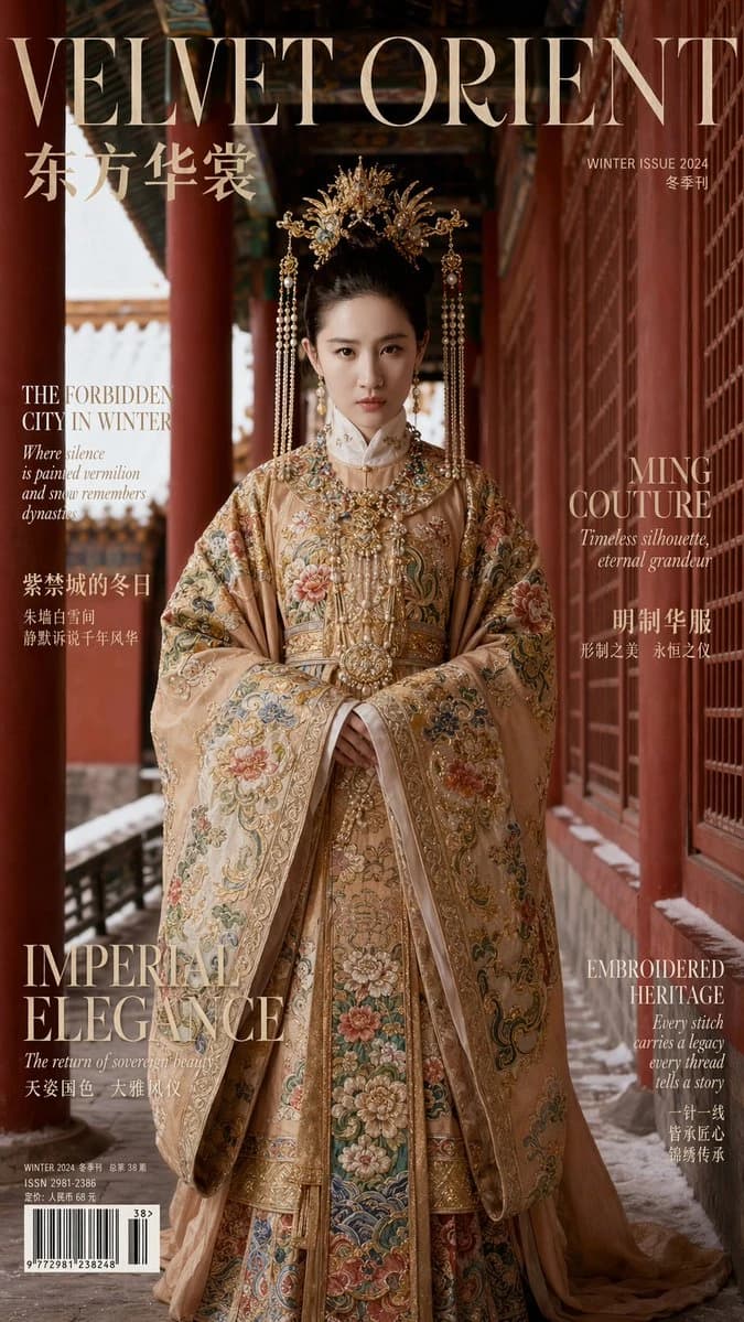 An adult female model in a richly embroidered gown stands in a traditional setting, showcasing intricate details and elegant gold ornaments
