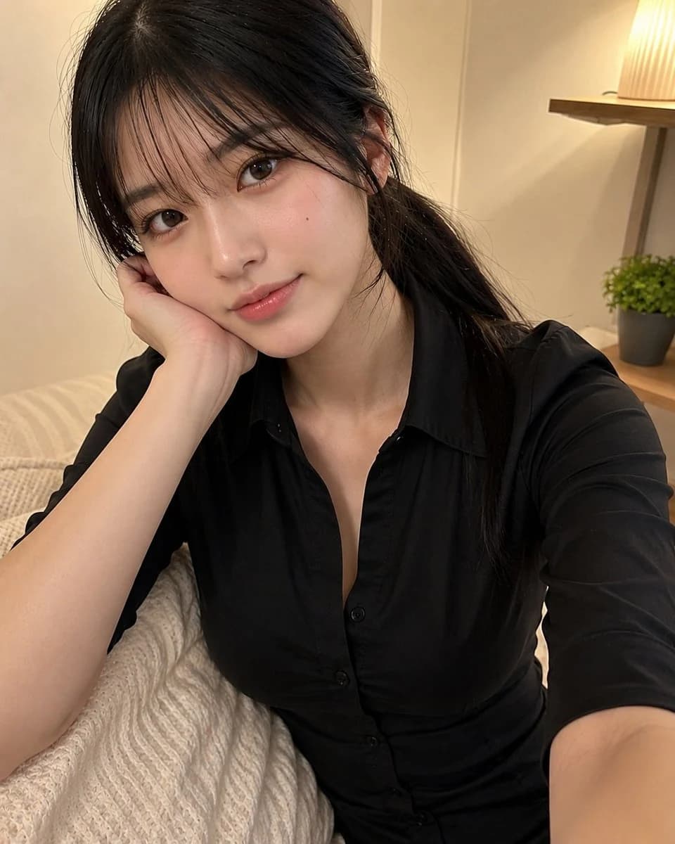A realistic smartphone selfie of a Japanese schoolgirl in uniform with natural makeup, soft ponytail, and casual indoor lighting