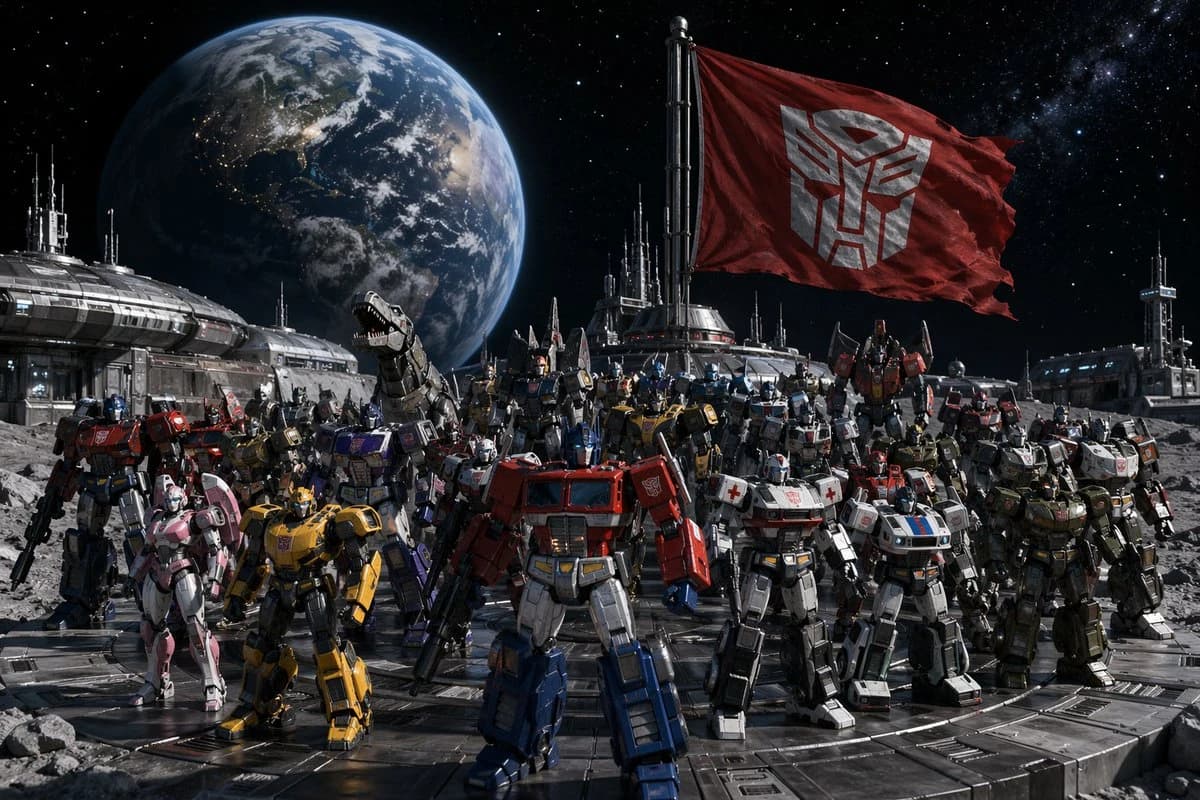 Autobots gather at a lunar base with Earth visible in the background, featuring a prominent Cybertron flag