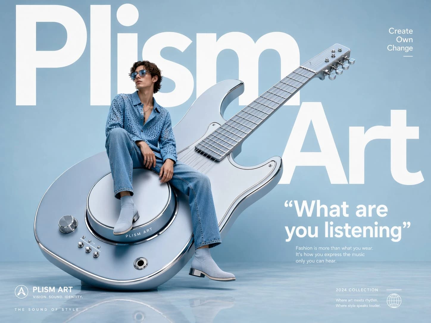 An oversized guitar sculpture serves as a seat for a casually dressed guitarist, set against a pastel background with bold typography