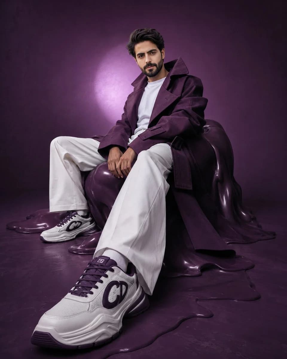 Avant-garde purple fashion editorial with sculptural styling, dramatic color, and high-fashion campaign lighting
