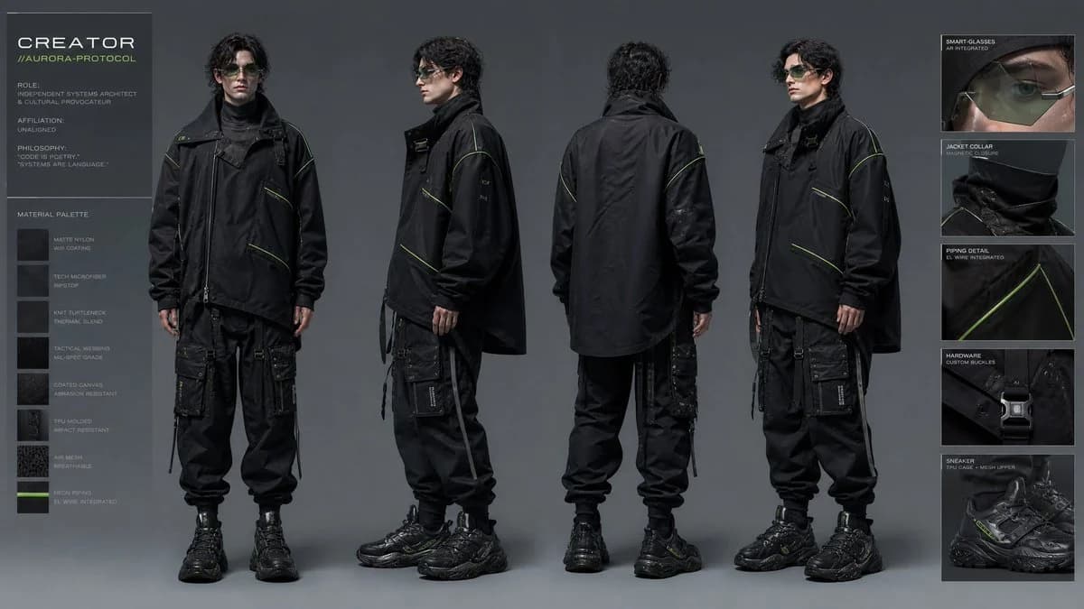 Avant-garde techwear character design sheet with garment sketches and material details