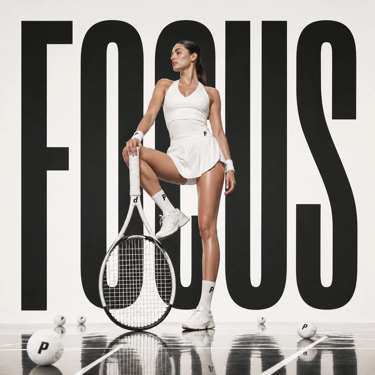 A female athlete in white sportswear poses confidently with a tennis racket against bold black typography reading "FOCUS" on a reflective floor