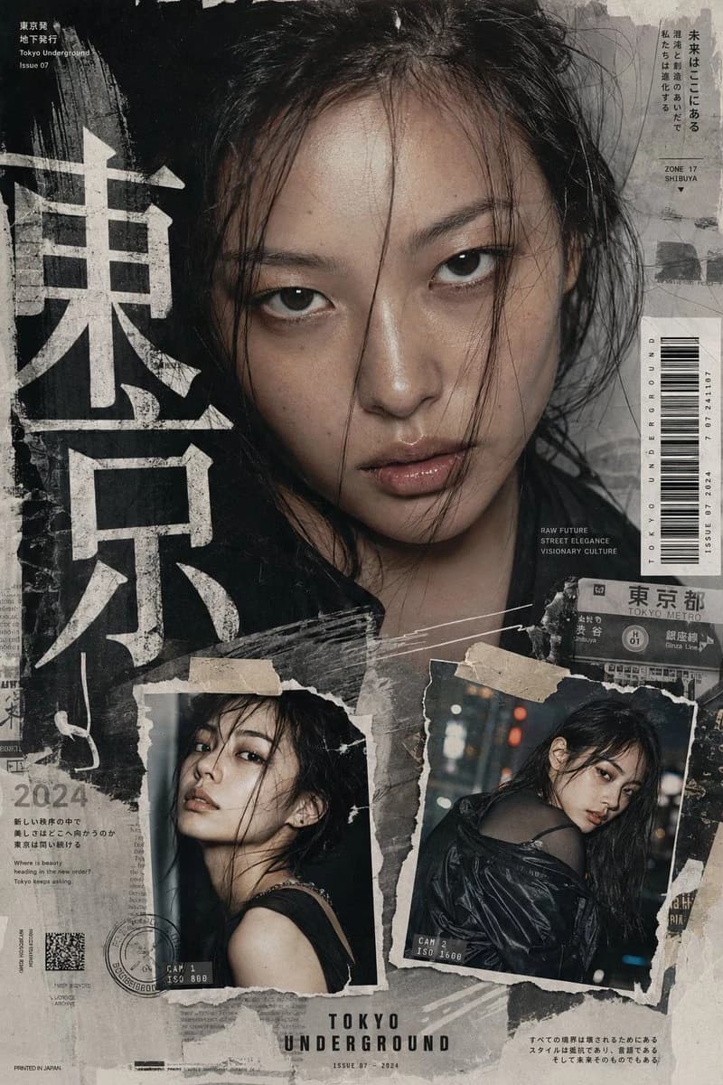A neo-Y2K Tokyo fashion zine poster shows a close-up model portrait, torn photo collage, Japanese type, and distressed paper textures